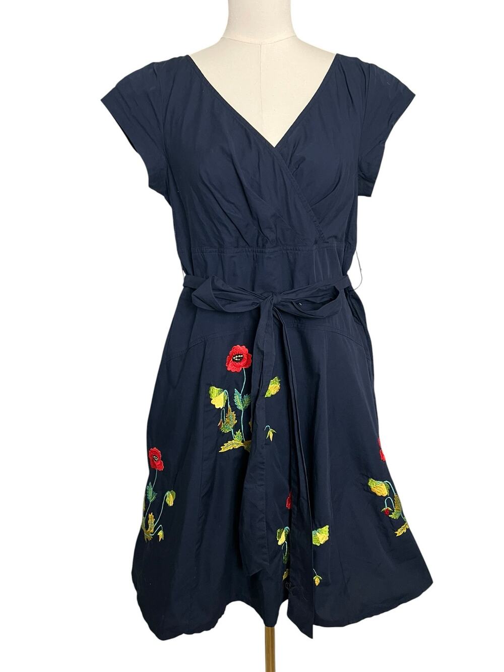 Eshakti Navy Embroidered Poppy Fit & Flare Cotton Wrap Dress L / 14 Floral